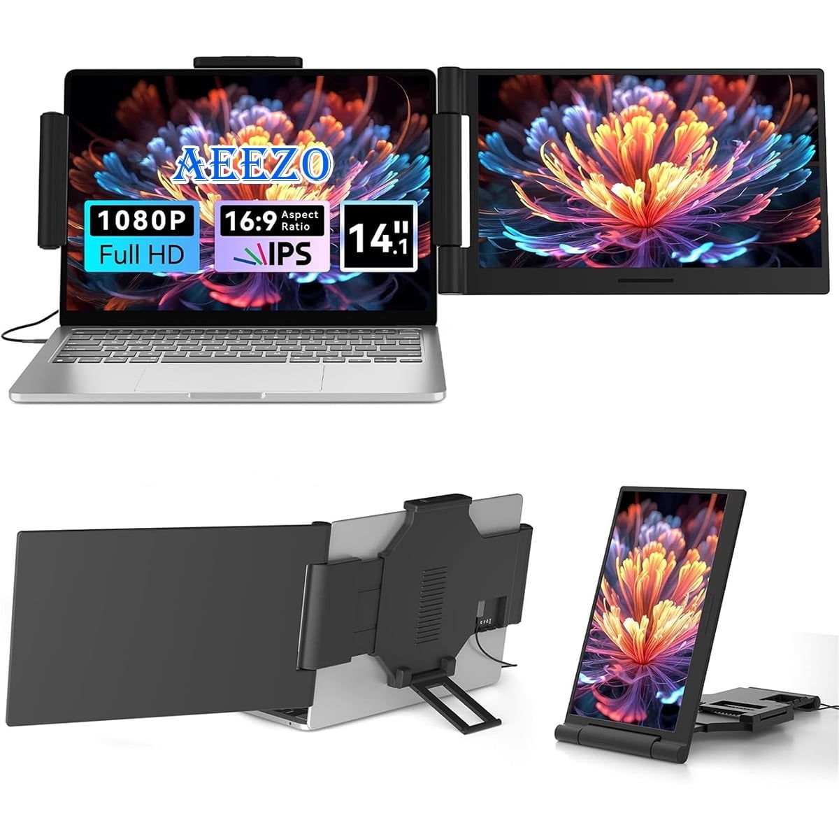 AEEZO 14" 1080P IPS Laptop Screen Extender | 280° Rotatable Portable Monitor, Plug & Play, Fits 13-17.3" Laptops, Compatible with Windows/Mac/Android/Chrome(Type-C/USB Interfaces, Requires DP)