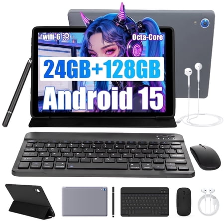 AEEZO 10 Inch Tablet with Keyboard and Mouse Set, 24GB RAM 128GB ROM, WiFi 6 for Student & Office, Gray