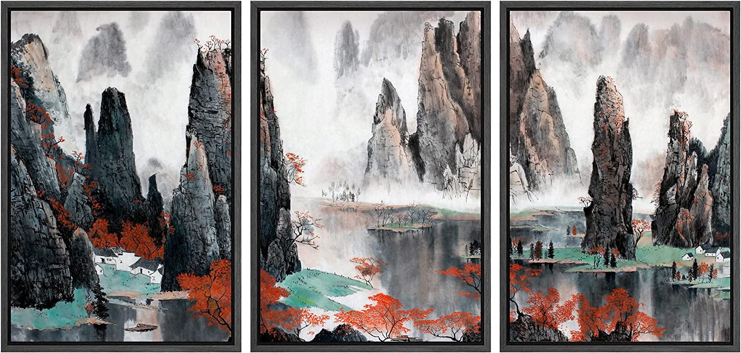 AEFER 3 Piece Canvas Wall Art - Chinese Landscape Misty Mountains and ...