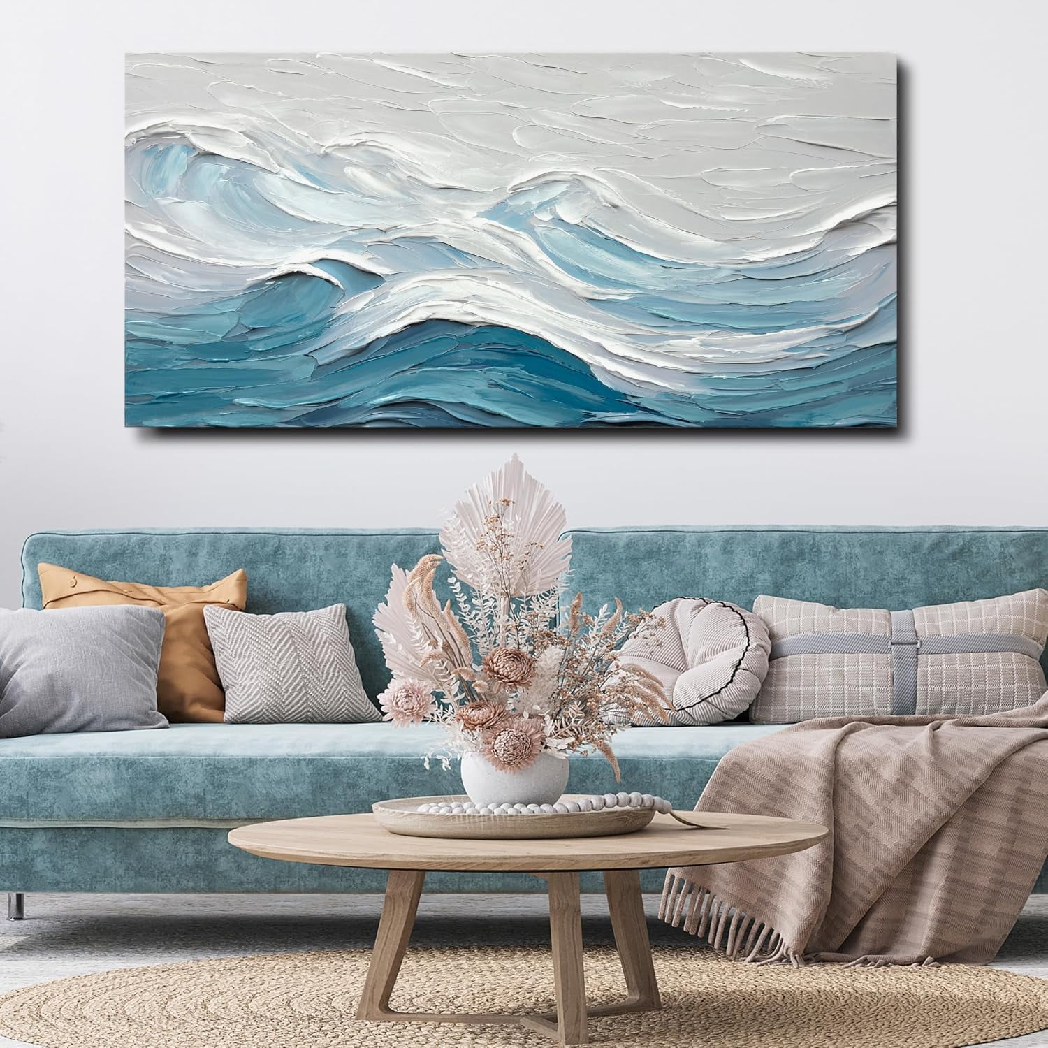 AEFER Abstract Wall Art for Living Room Blue and White Ocean Paintings ...