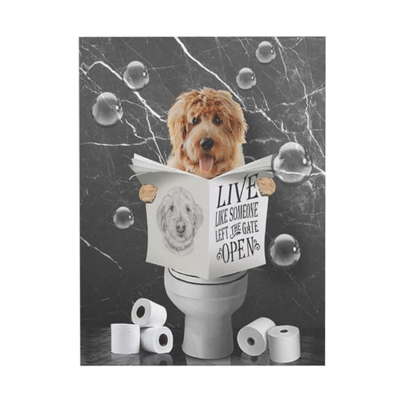 AEFER Bathroom Decor Canvas Wall Art Funny Dog Sitting in Toilet Pictures Black and White Animals Wall Decor Farmhouse Bathroom Painting for Bathroom Toilet Artwork Unframed 12"x16"