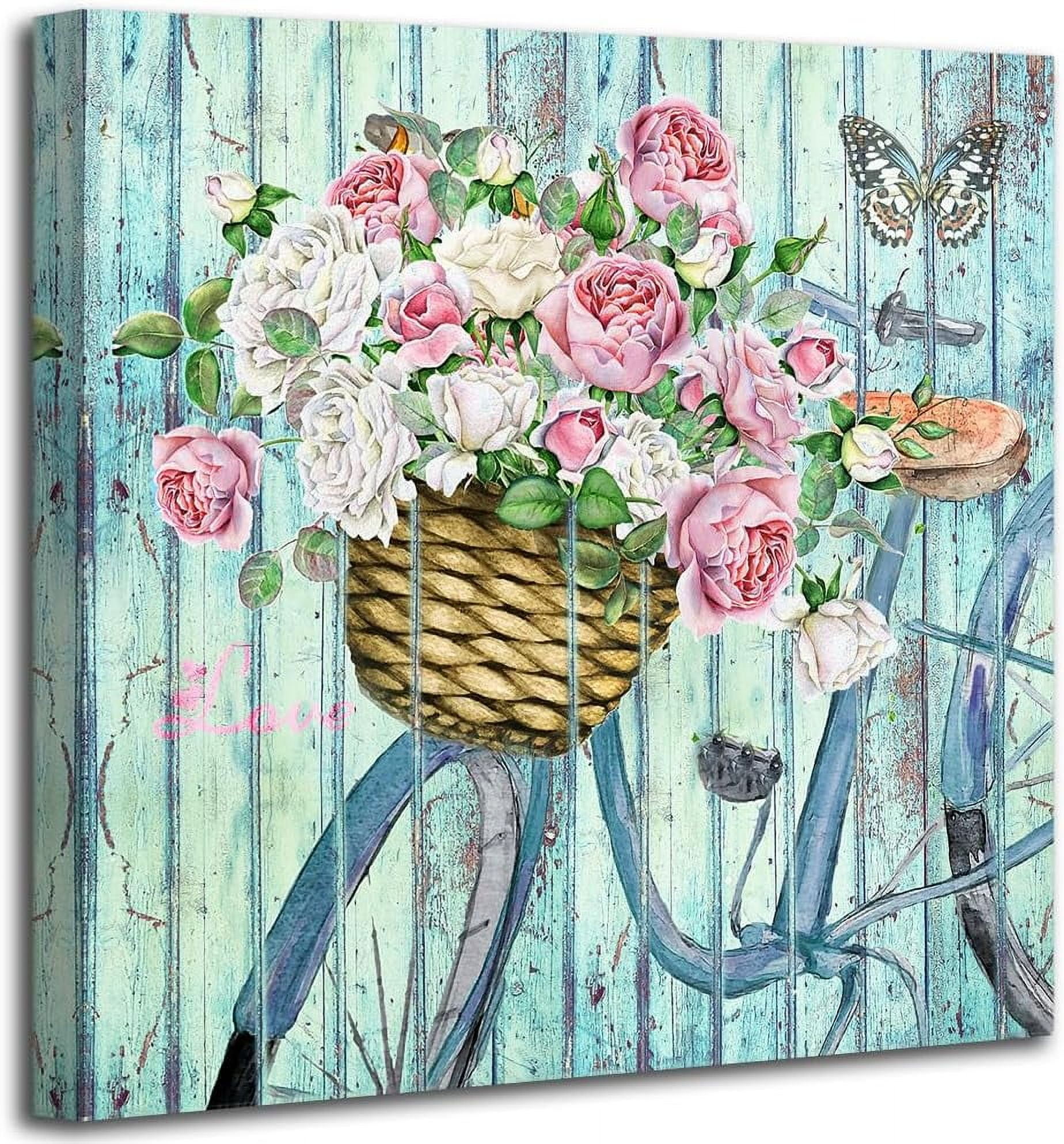 AEFER Bathroom Rustic Floral Print Wall Art Flowers Bicycle and ...