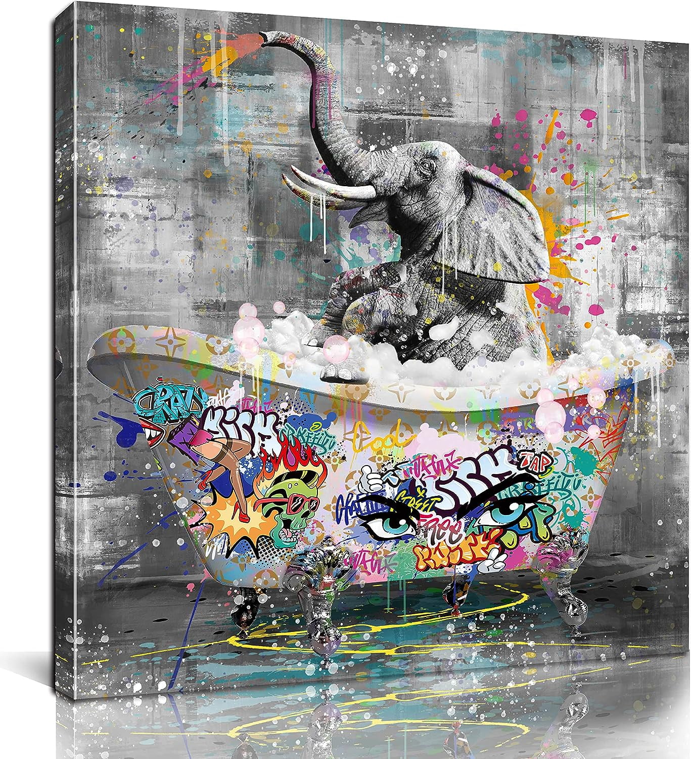 AEFER Bathroom Wall Art Funny Elephant in the Bathtub Graffiti Canvas ...