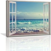 AEFER Beach Ocean Bathroom Wall Art Coastal Beach Pictures Wall Decor Blue Sea Canvas Painting Print Tropical Ocean Waves Nautical 3D Window View Decor Frame: 24x20inch(60x50cm)