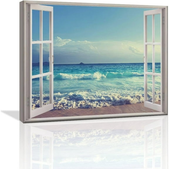 AEFER Beach Ocean Bathroom Wall Art Coastal Beach Pictures Wall Decor Blue Sea Canvas Painting Print Tropical Ocean Waves Nautical 3D Window View Decor Frame: 24x20inch(60x50cm)