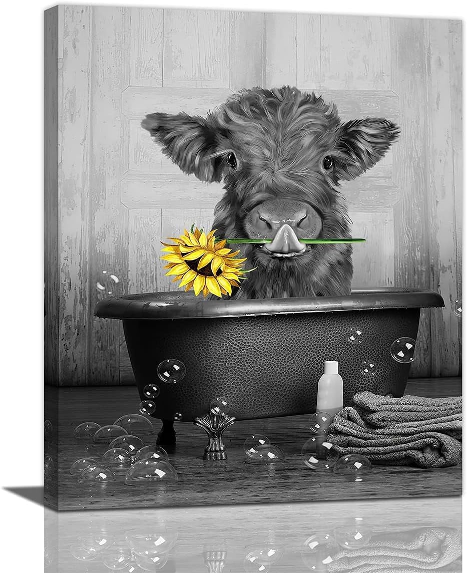 AEFER Black And White Cow Bathroom Canvas Wall Art Cute Cow With ...