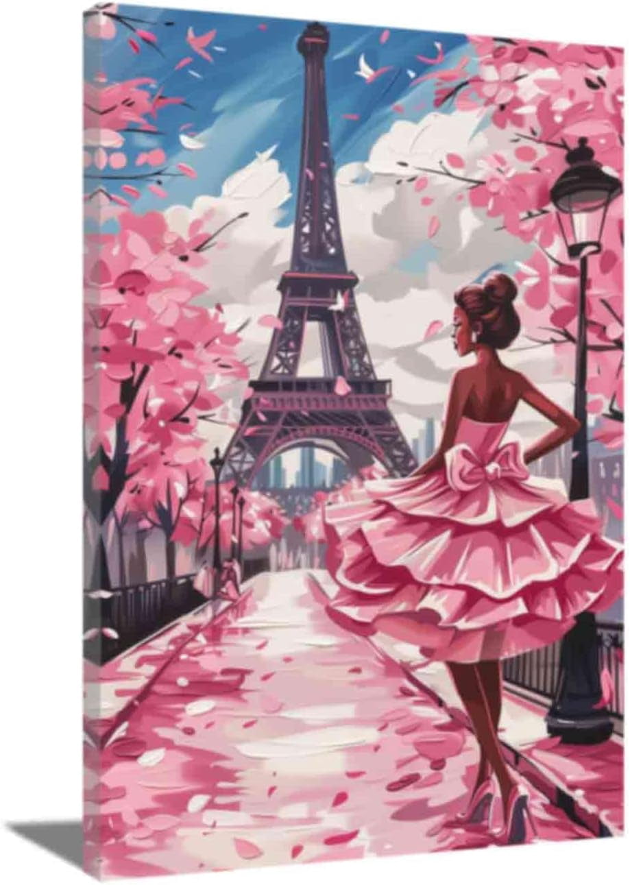 AEFER Black Girl Canvas Wall Art African American Pictures Pink Eiffel ...