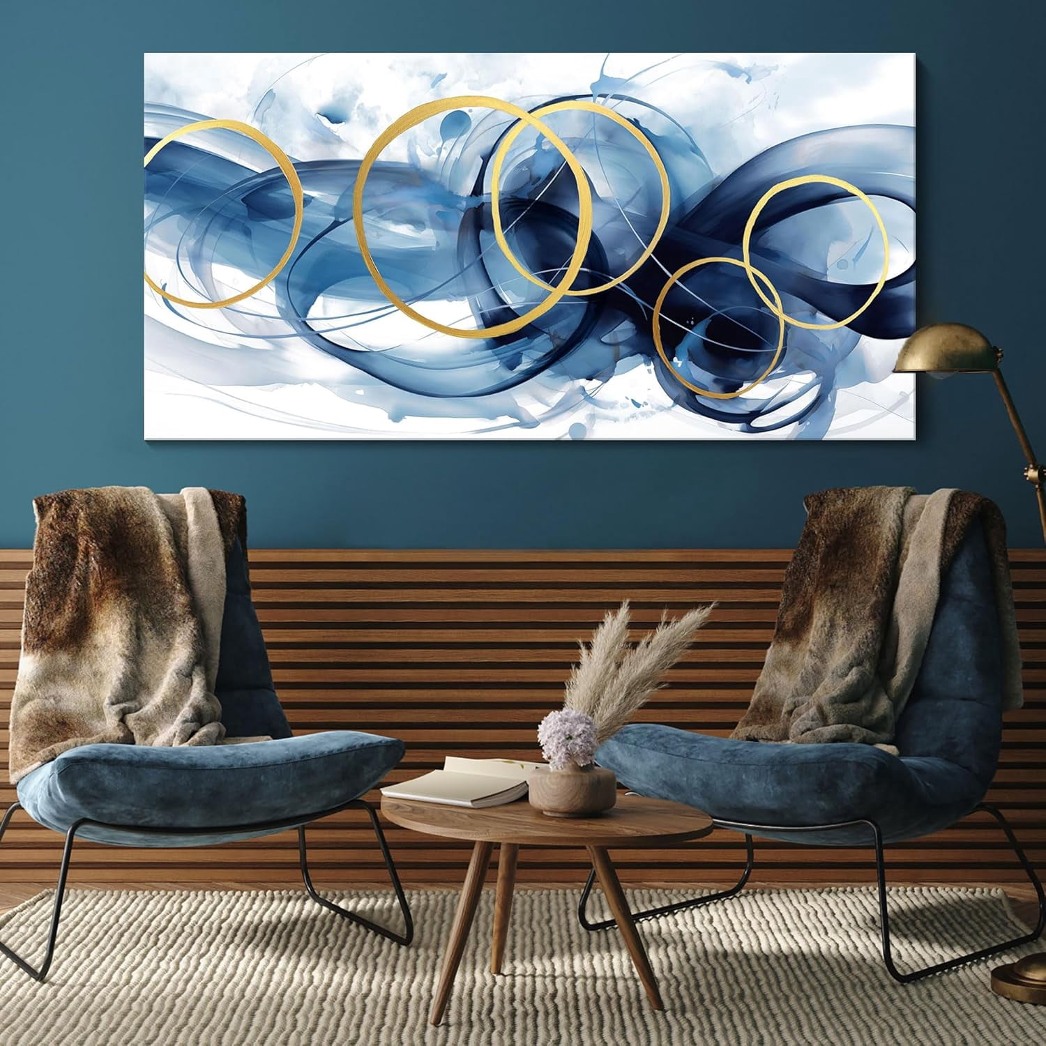 AEFER Blue Abstract Wall Art, Graffiti Ink Gradient Living Room Canvas