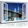 thumbnail image 1 of AEFER Brooklyn Bridge Wall Art New York City Picture Blue Night NYC Skyline Canvas Prints Paintings Manhattan Skyscraper Poster Window View Cityscape Modern Artwork for Room Home Decor Frame: 24x16in, 1 of 6