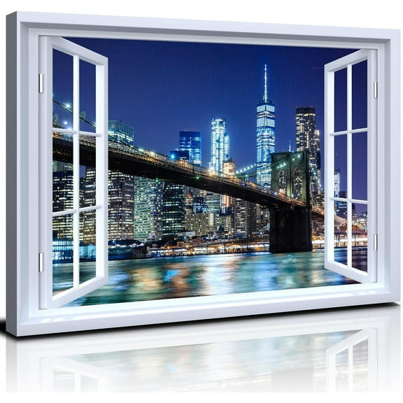 AEFER Brooklyn Bridge Wall Art New York City Picture Blue Night NYC Skyline Canvas Prints Paintings Manhattan Skyscraper Poster Window View Cityscape Modern Artwork for Room Home Decor Frame: 24x16in