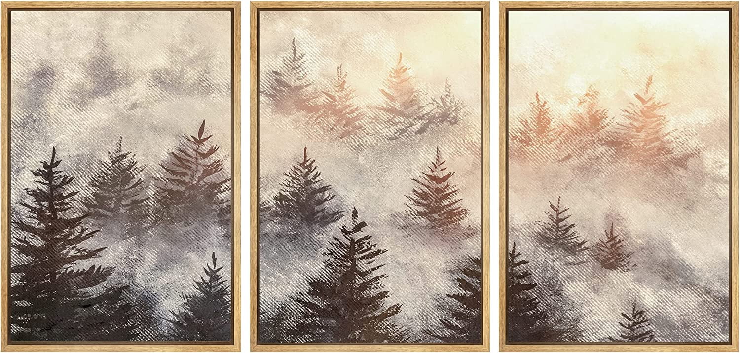 AEFER Canvas Print Wall Art Set Misty Pine Forest Mountain Sunrise ...