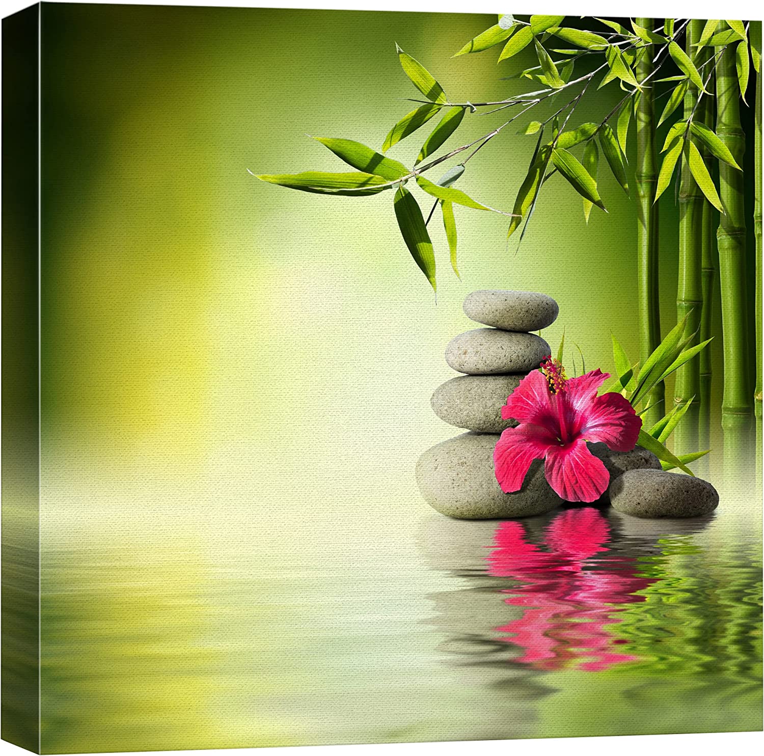 AEFER Canvas Print Wall Art Water Zen Stones with Red Hibiscus & Bamboo ...