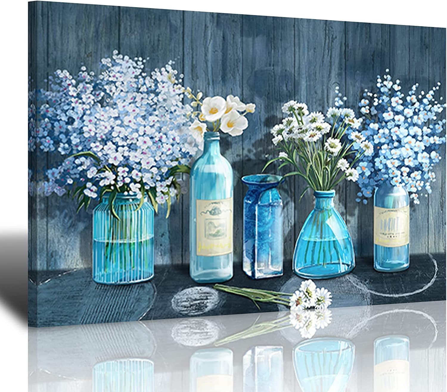 AEFER Canvas Wall Art - Bathroom Wall Decor Blue Flower Paintings ...