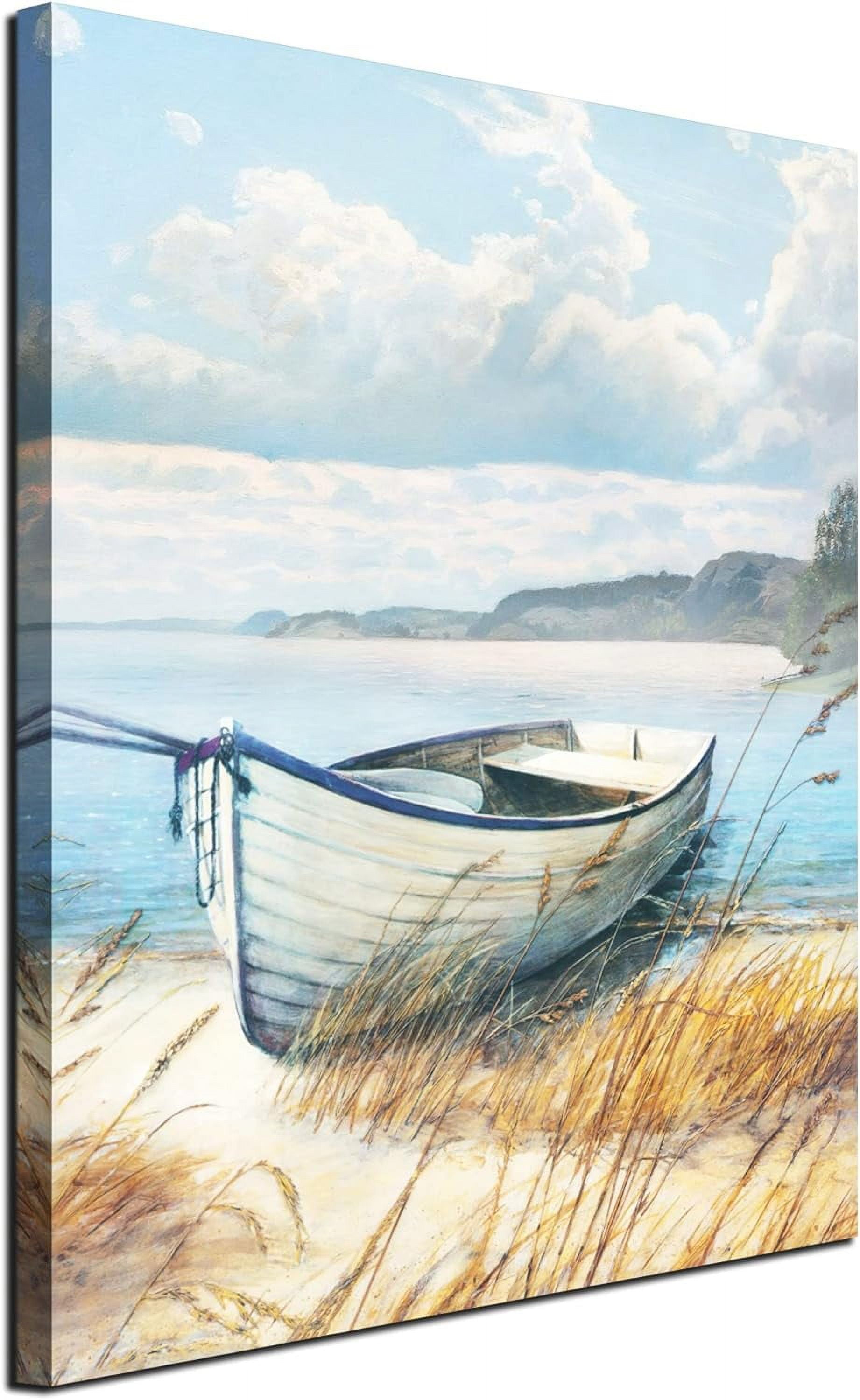 Summer Melody Seascape Canvas Wall Art – Ocean View From Window With Lavender Flowers, Hand-Painted, 45x30 Inches