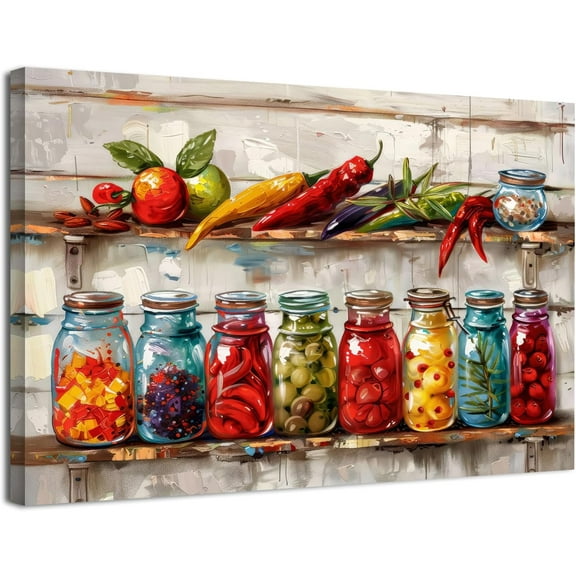AEFER Colorful Kitchen Wall Decor Mason Jar Canvas Wall Art Farmhouse Spices Food Prints Pictures Rustic Still Life Painting Vintage Vegetables Poster Artwork Frame: 20x24inch(50x60cm)