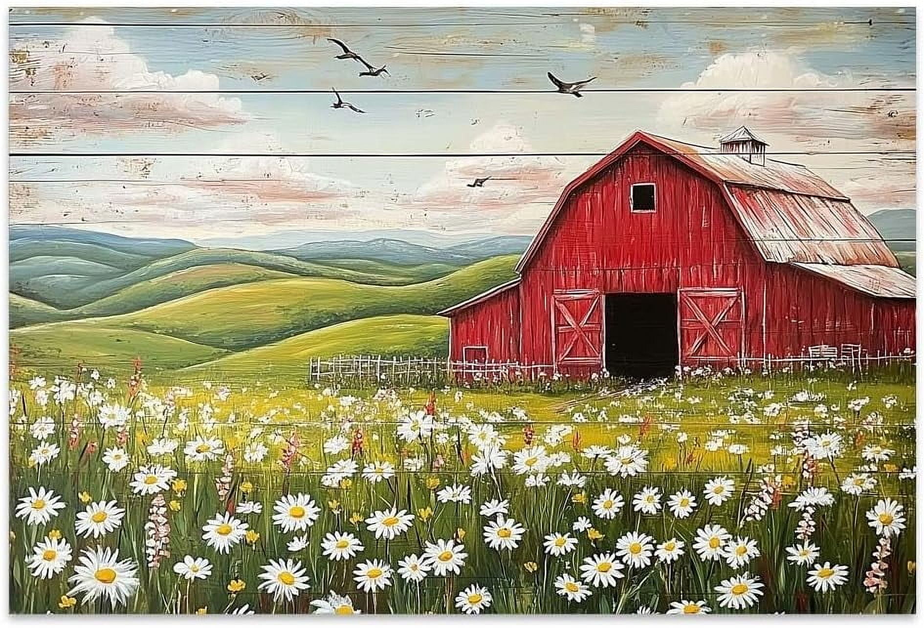 AEFER Country Red Barn Pictures, Daisy Canvas Wall Art Wildflower ...