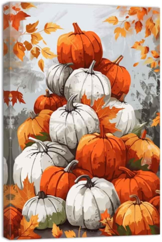 AEFER Fall Canvas Wall Art Pumpkin Fall Leaves Picture Prints Autumn ...