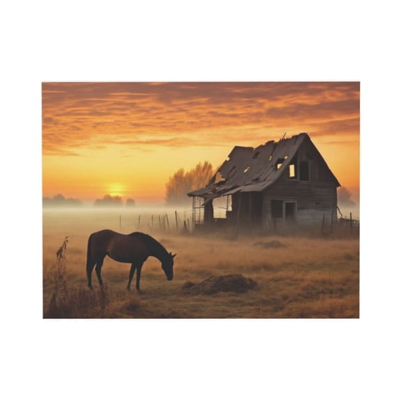 AEFER Farmhouse Canvas Wall Art, Horse and Old House with the Sun Rising Painting Picture Vintage Rustic Farmhouse Barn Photo Print for Dining Room Kitchen Decor(Artwork-05, 18"x12")