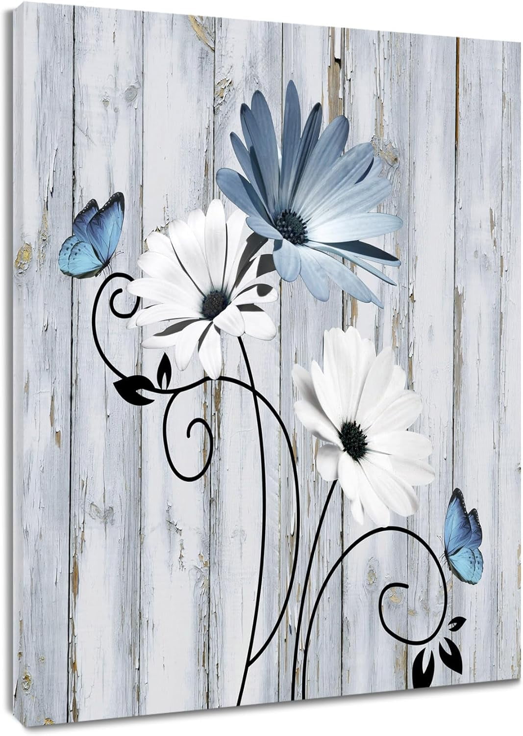 AEFER Farmhouse Floral Canvas Wall Art for Living Room Teal Blue and ...