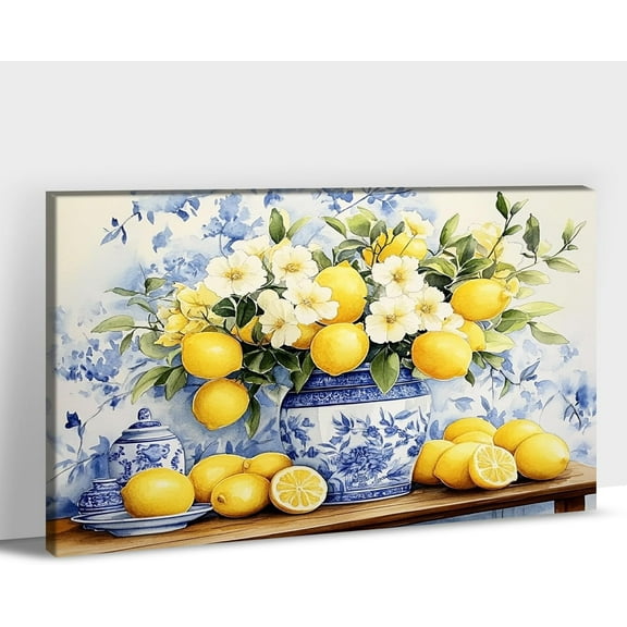 AEFER Farmhouse Kitchen Decor, Rustic Flower Kitchen Wall Art, Yellow Floral and Lemon Painting Picture Canvas Print Country Farmhouse Wall Decor, Artwork Wall Art Frame: 16x12inch(40x30cm)