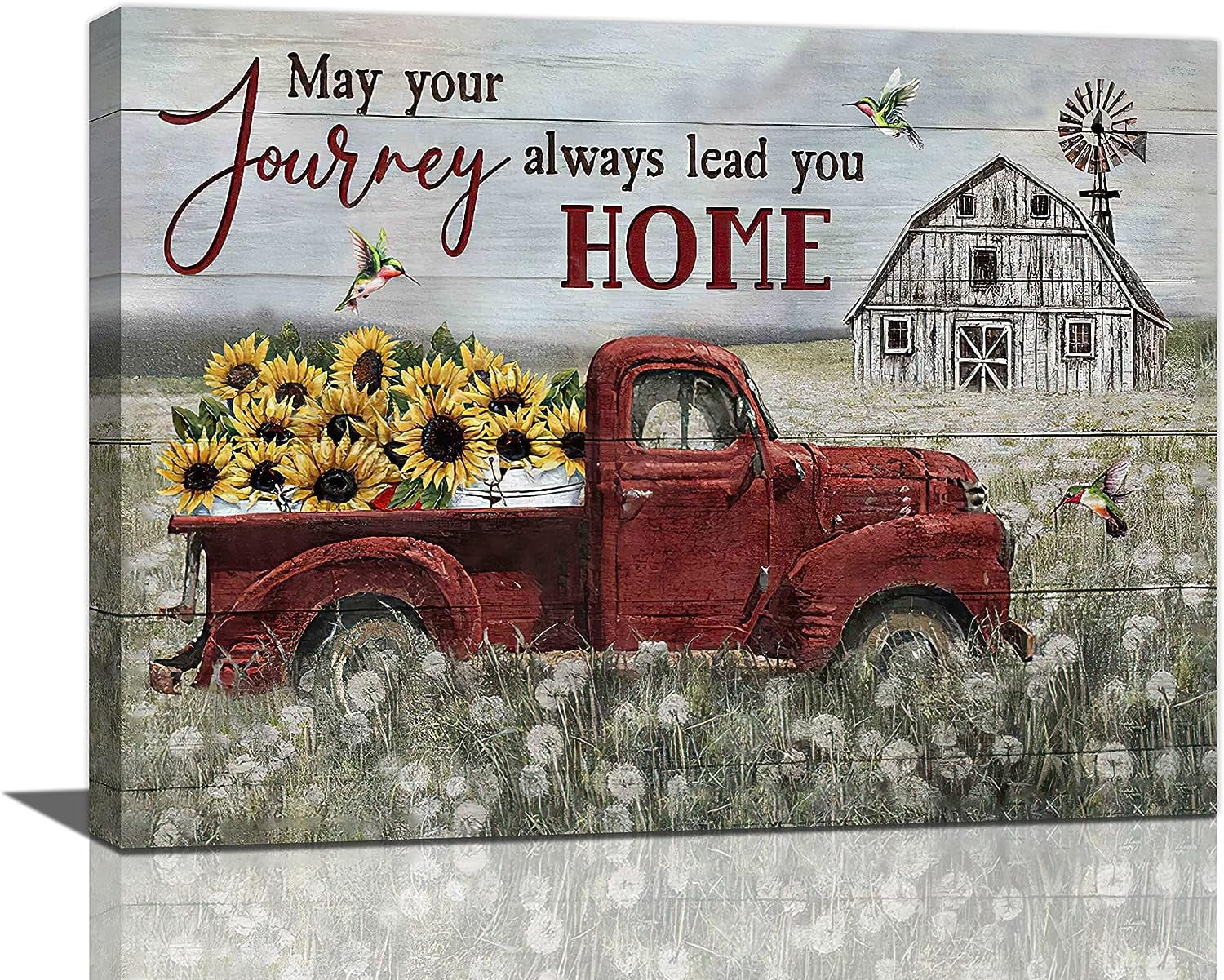 AEFER Farmhouse Red Truck Sunflower Decor Wall Art Rustic Flower Barn ...