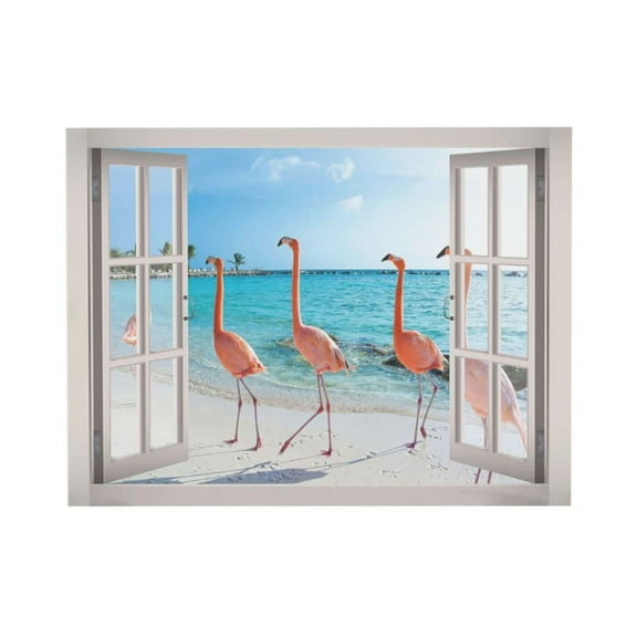 AEFER Flamingo Beach Bathroom Wall Art Tropical Palm Coastal Ocean Pictures Wall Decor Pink Flamingo 3d Window Canvas Prints Modern Animals Painting Artwork Unframe: 24x16inch(60x40cm)