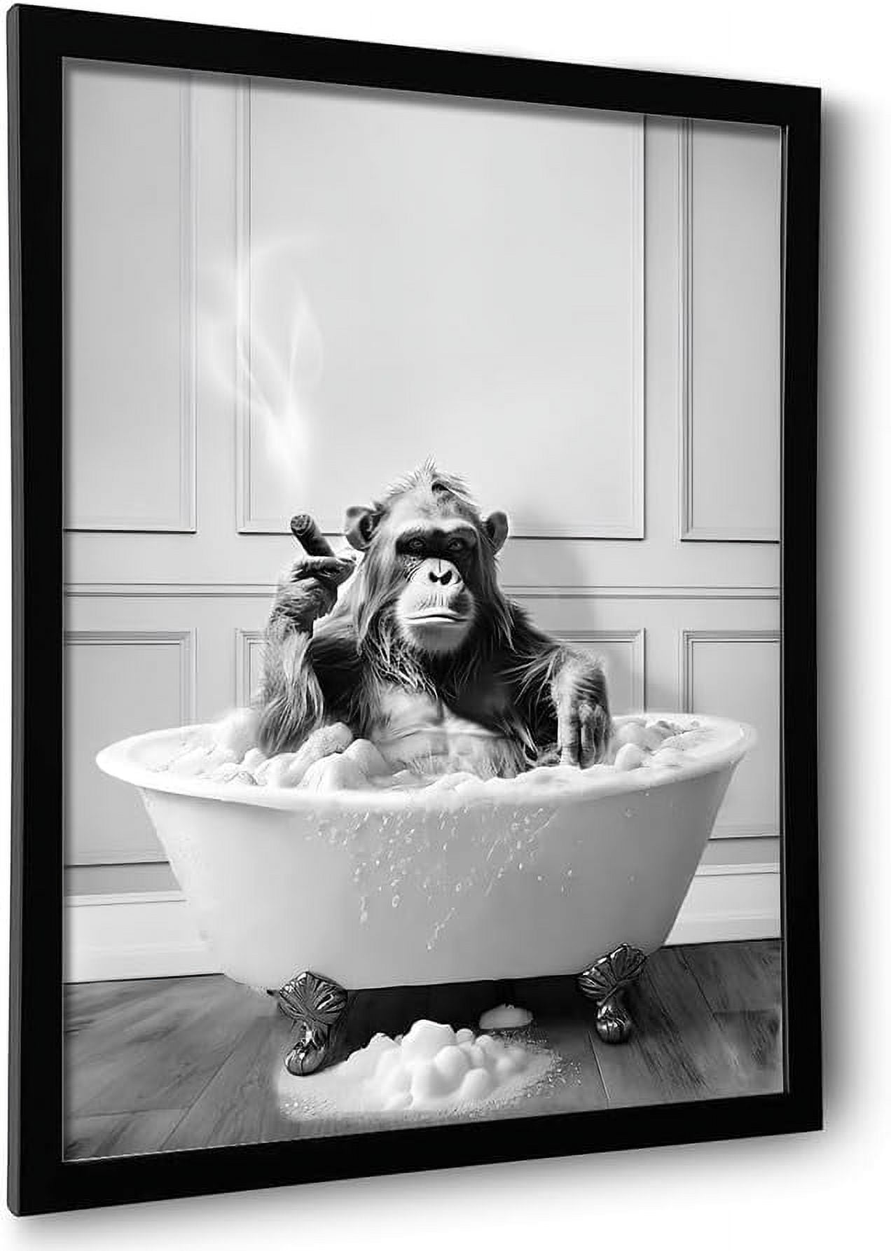 AEFER Framed Bathroom Decor Wall Art, Chimpanzee in Bathtub, Black and ...