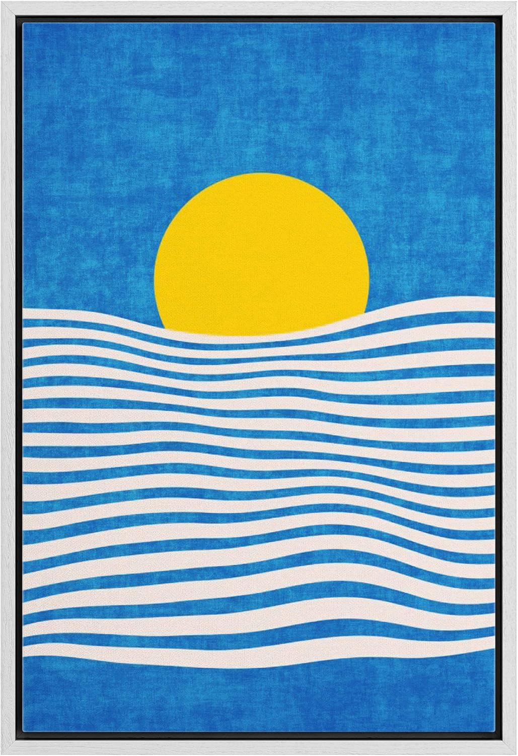 AEFER Framed Canvas Print Wall Art Yellow Sun & Line Art on Blue ...