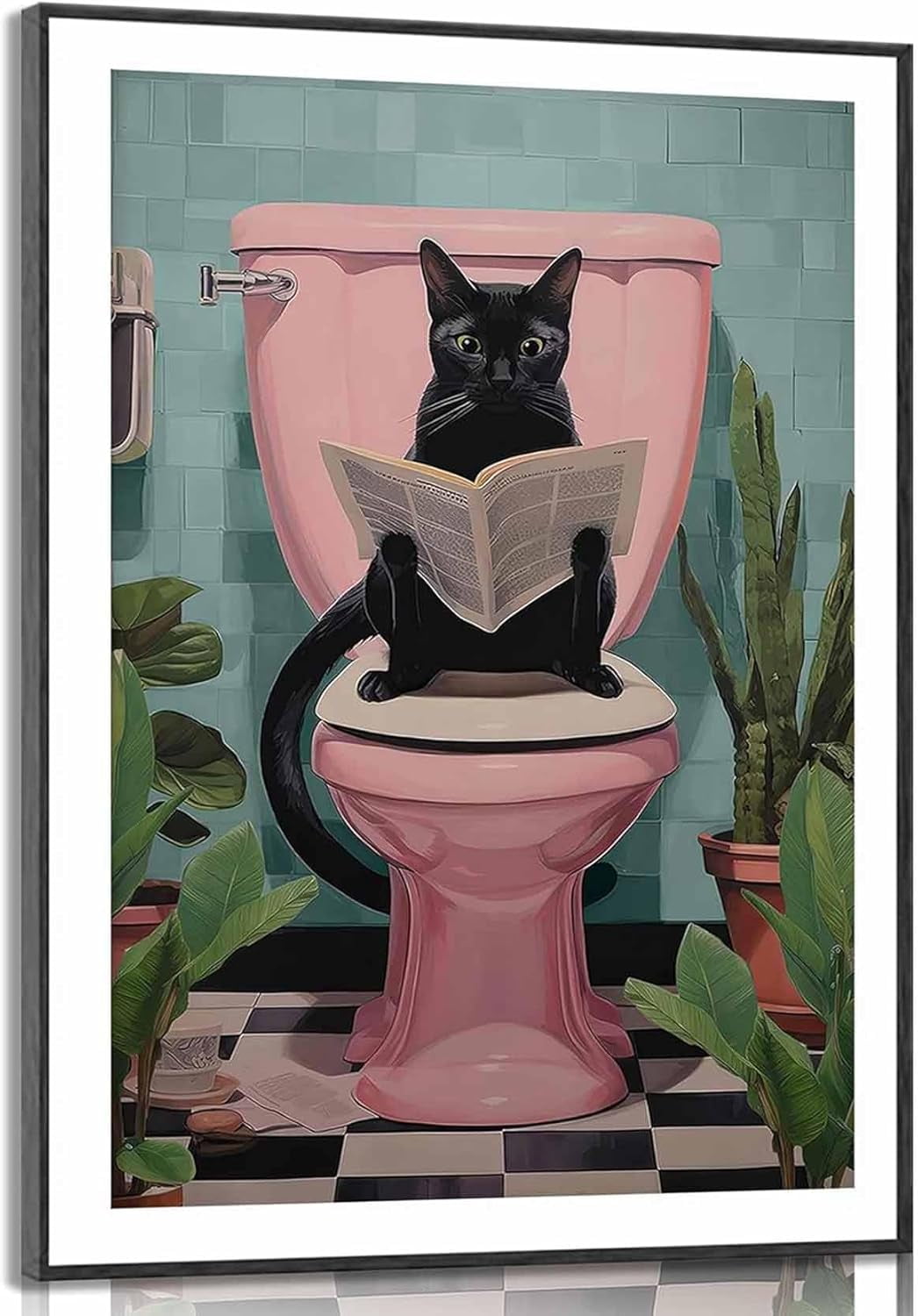AEFER Funny Bathroom Cat Canvas Wall Art Black Cat Sitting on Toilet ...