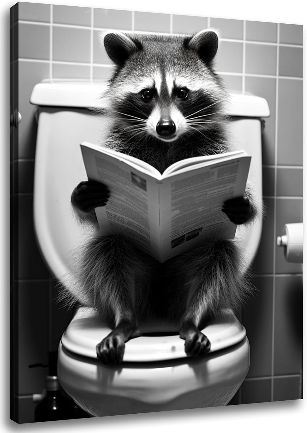 Funny Raccoon Bathroom Wall Art - Unframed 8x10" Black & White Canvas Print - Modern Bathroom Decor