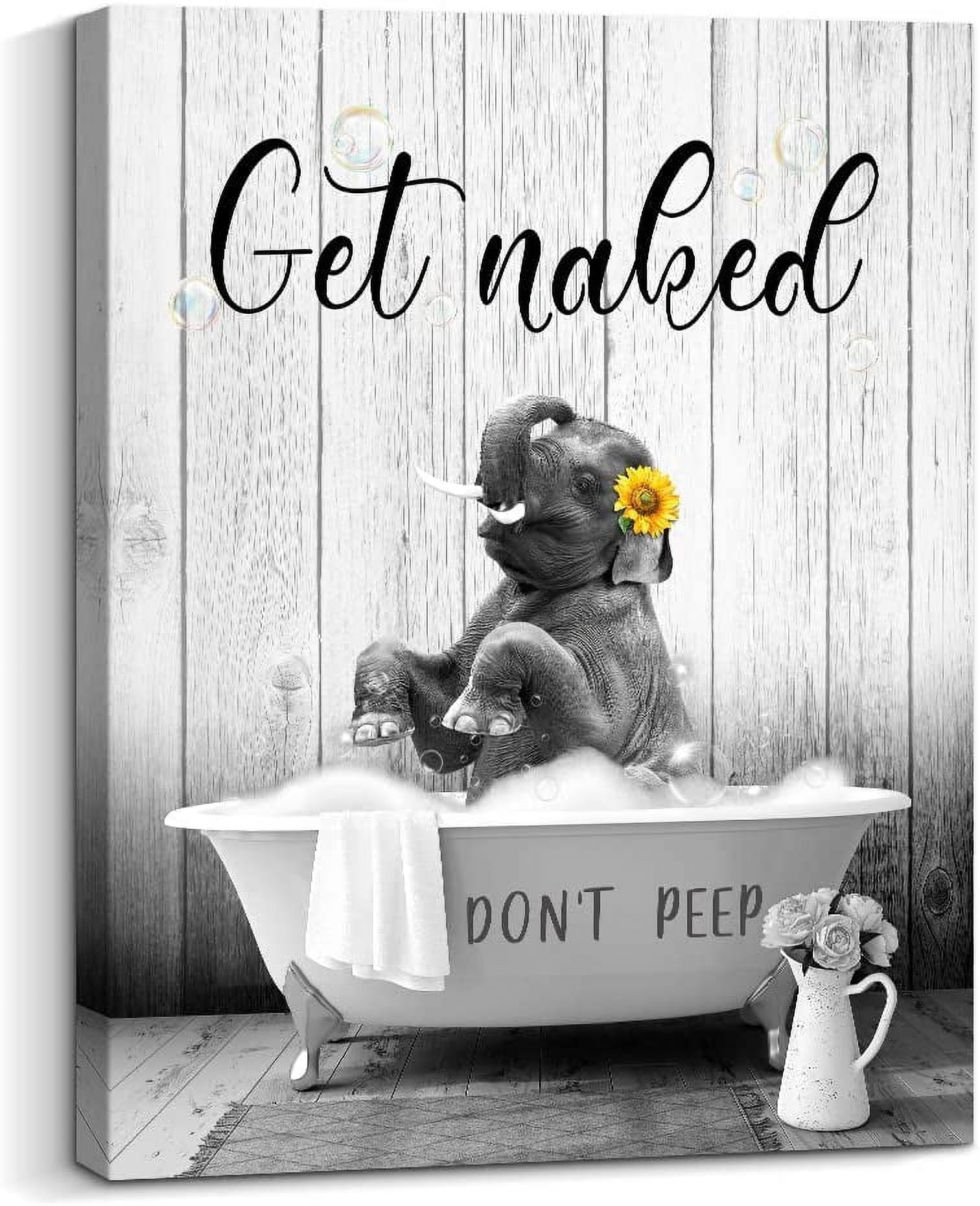 AEFER Funny Bathroom Wall Decor Get Naked Canvas Wall Art Cute Elephant ...