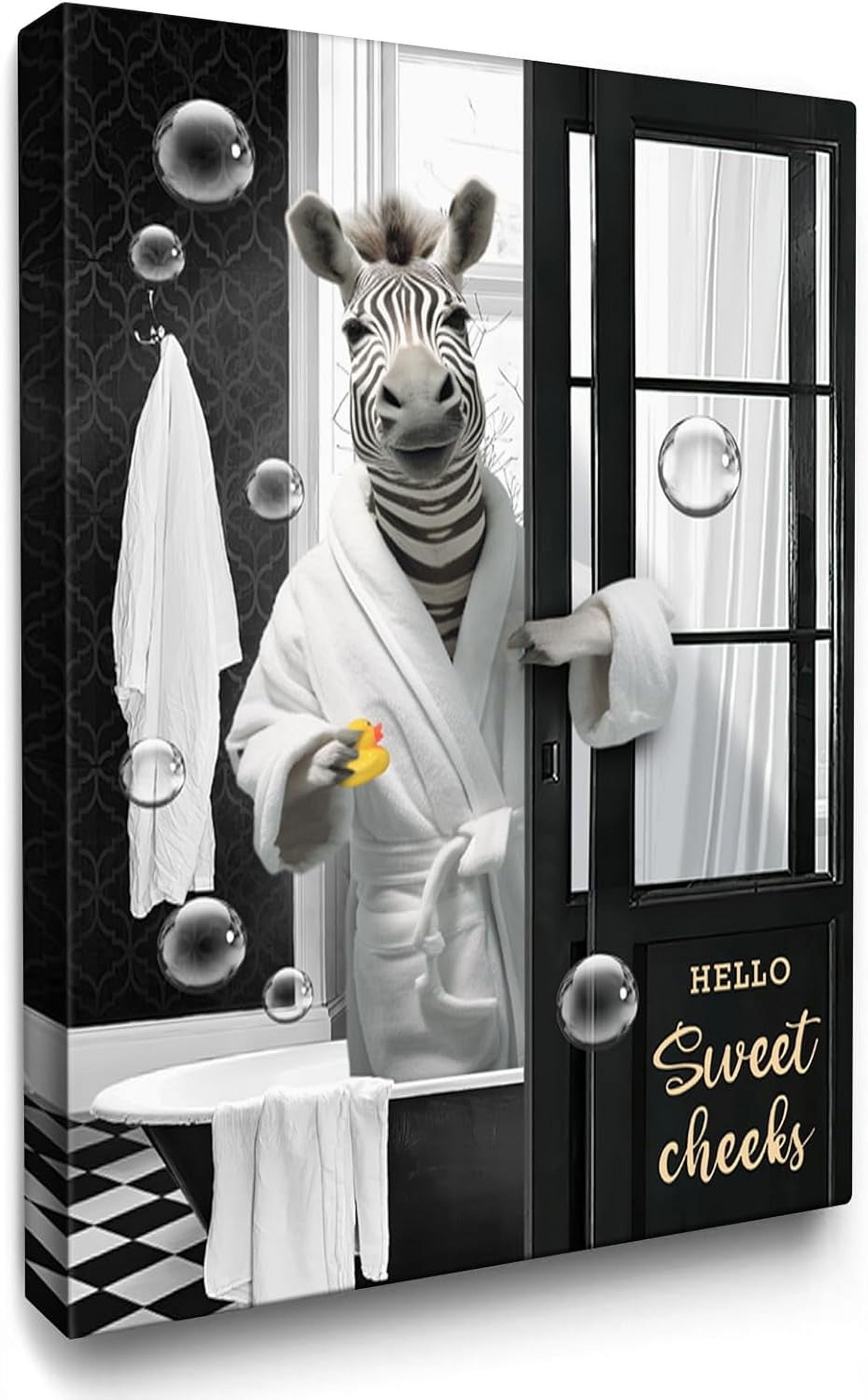 AEFER Funny Zebra Bathroom Decor Wall Art Cute Zebra in Bathtub Painting Black and White ...