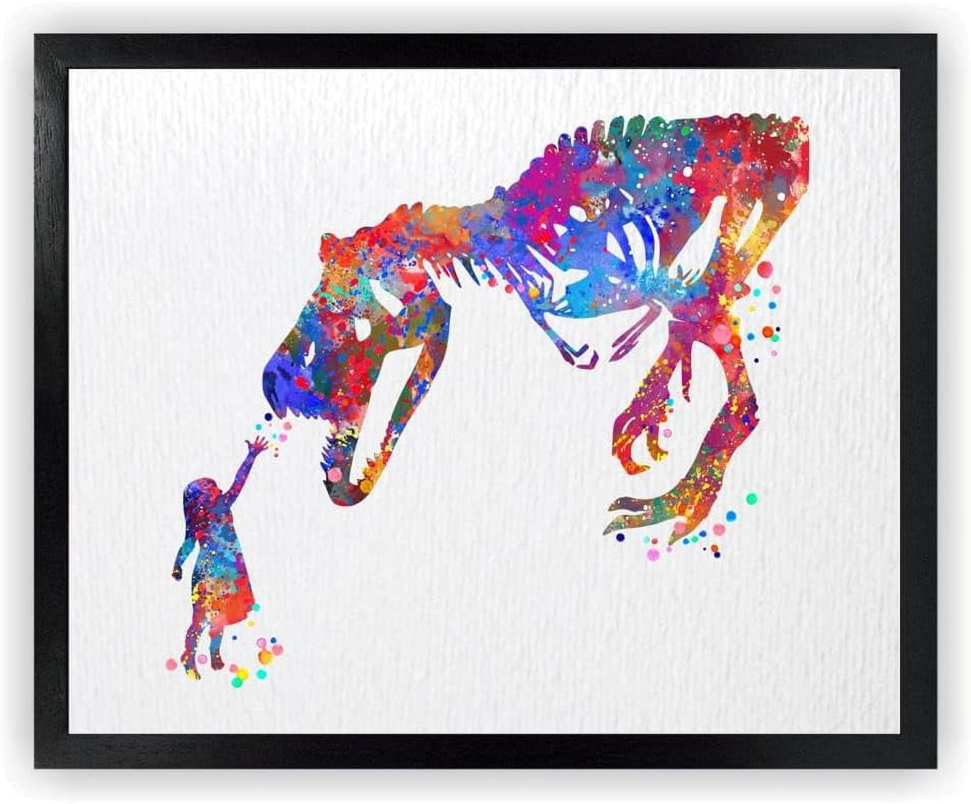 Aefer Girl And T-rex Dinosaur Curiosity Bravery Watercolor Art Print 