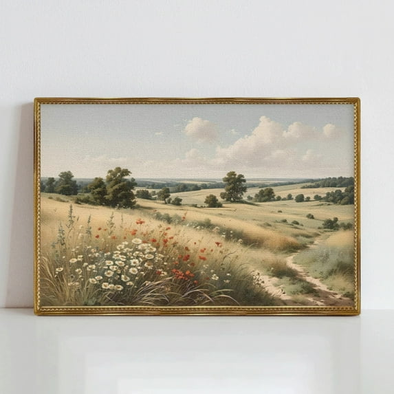 AEFER Gold Vintage Wall Art, Farmhouse Decor Serene Fields Wildflowers Vintage Landscape Painting, Retro Pastoral Canvas Prints for Wall Decor, Small Bathroom Decor Frame: 12x16inch(30x40cm)