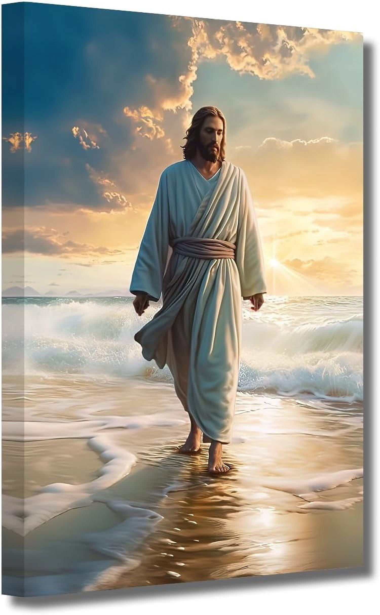 AEFER Jesus Canvas Wall Art Jesus Walking on The Beach Picture Prints ...