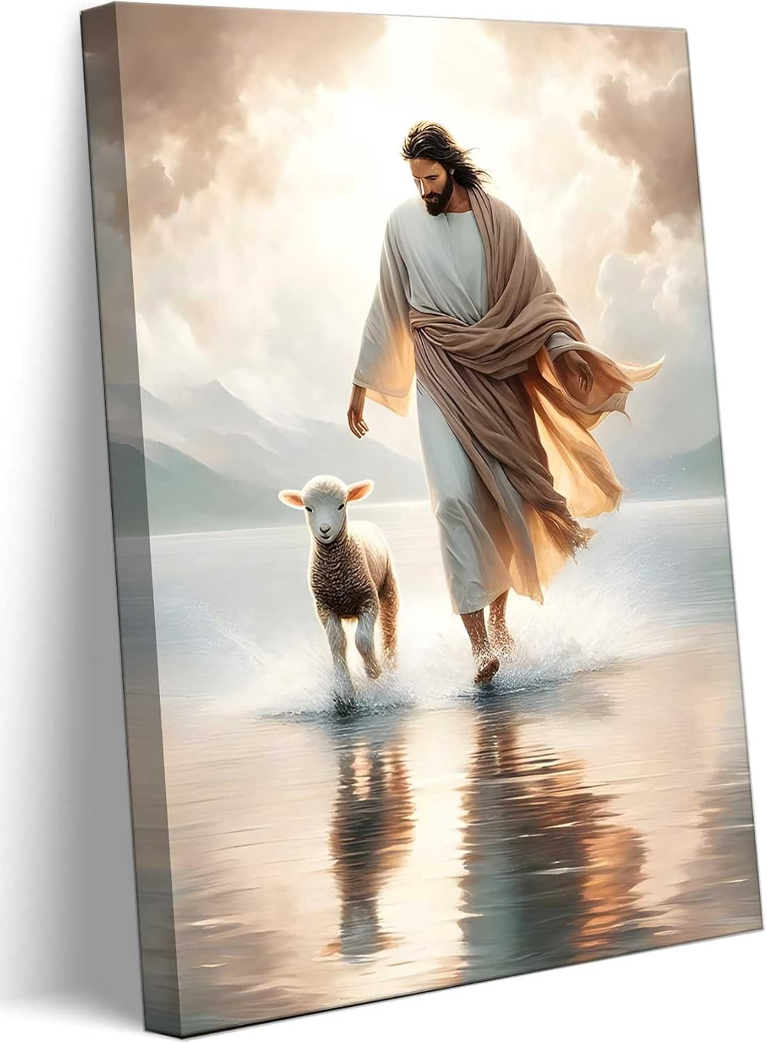 AEFER Jesus Walks On Water Canvas Wall Art Christ Saves The Lost Lamb ...