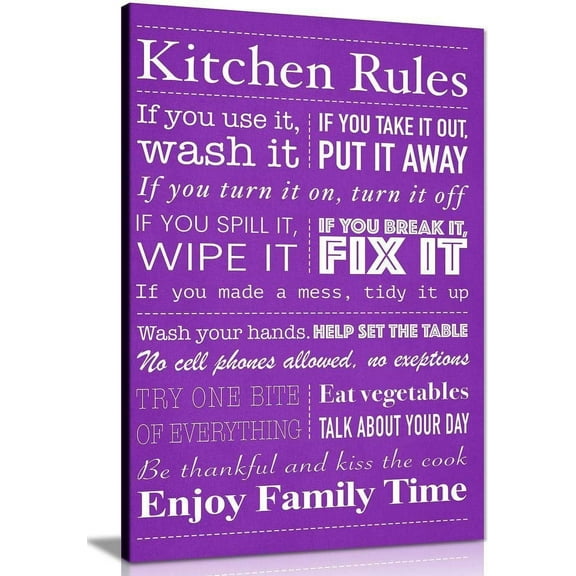 AEFER Kitchen Rules Purple Framed Picture Canvas Wall Art for Kitchen and Dining Room (12x8in)