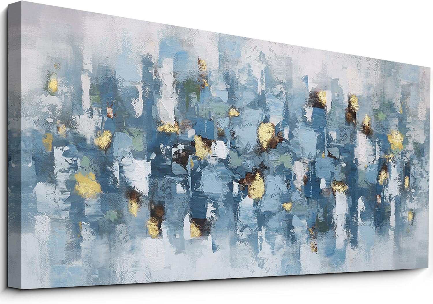 AEFER Large Modern Light Blue and Gold Wall Art Abstract Canvas Picture