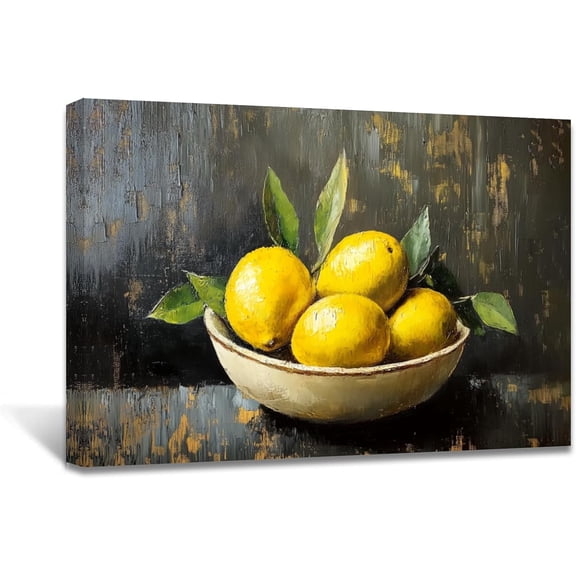 AEFER Lemon Canvas Wall Art Kitchen Picture Citrus Fruit Poster Yellow Lemons in Bowl Painting Vintage Still Life Prints Farmhouse Decor (Black) Frame: 10x8in