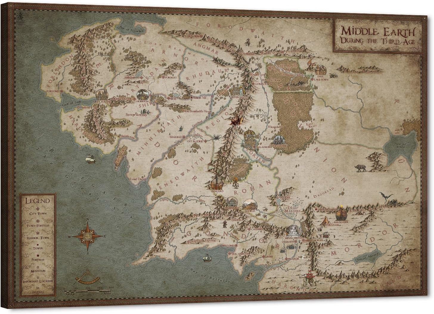 AEFER Middle Earth Map Canvas Wall Art, The Rings Movie Map Poster Art