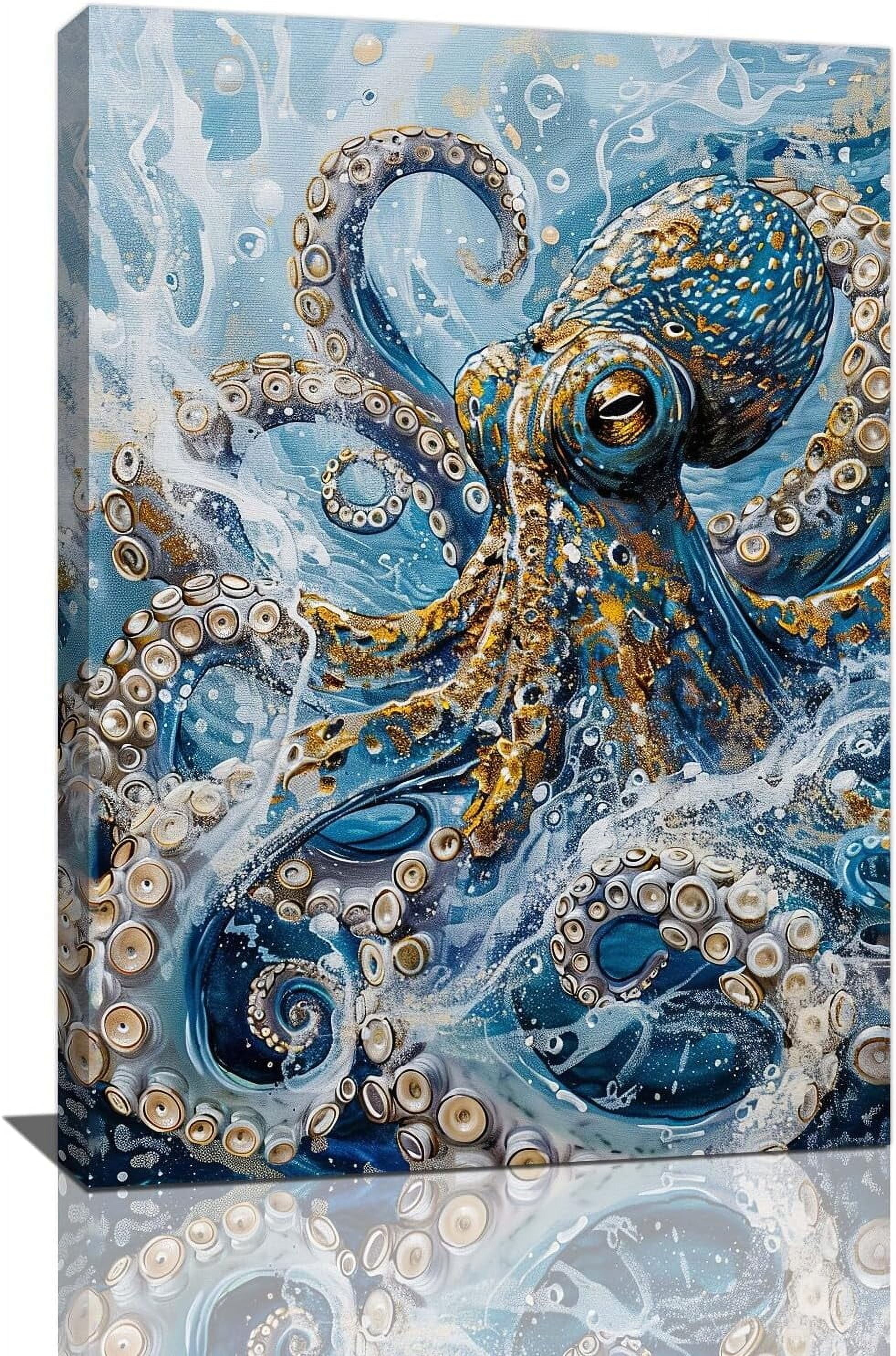 AEFER Octopus Bathroom Canvas Wall Art Ocean Blue Golden Octopus ...