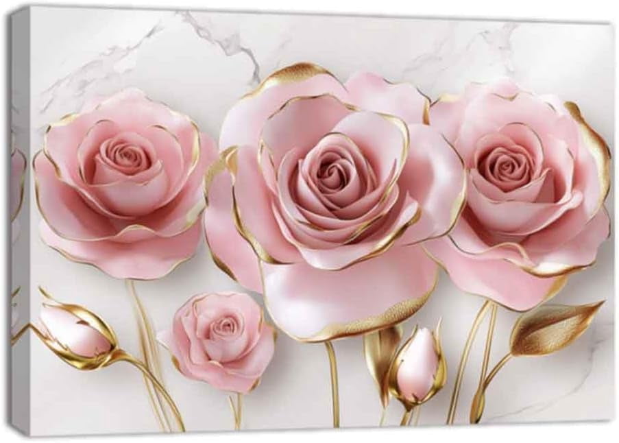 AEFER Pink Rose Canvas Wall Art Abstract Pink Gold Flower Picture ...