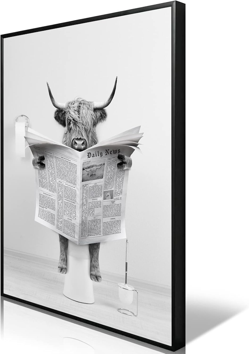 Highland Cow Bathroom Poster – Funny Black & White Animal Wall Art, Rustic Print, 8x12" Unframed