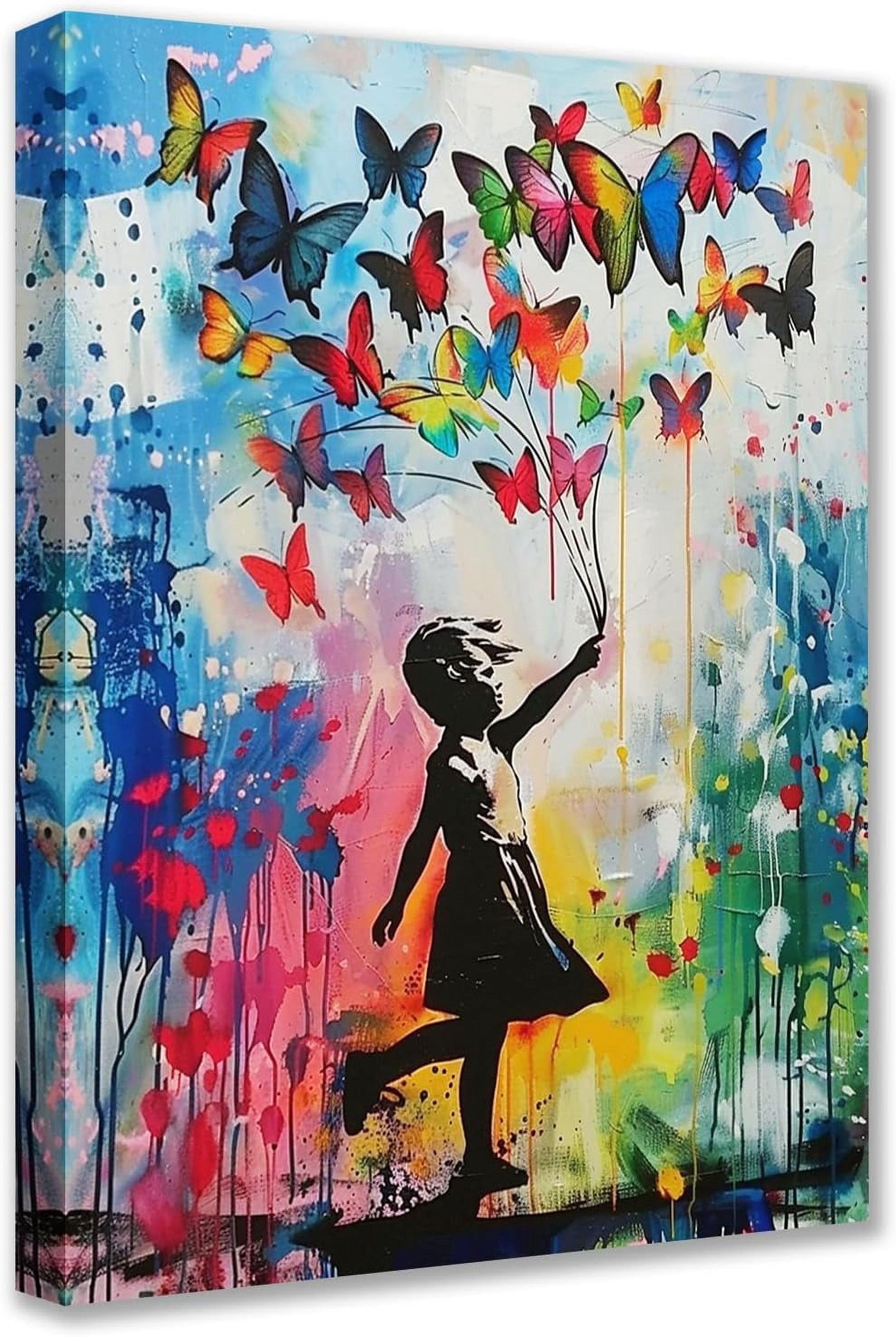 Banksy-Style Graffiti Wall Art Set – 3 Framed Canvas Prints Colorful Butterflies & Boy – 12x16 Inches Each