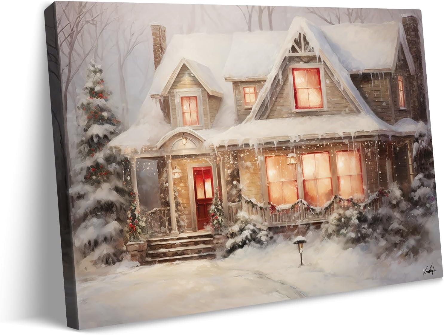 AEFER Rustic Christmas Canvas Wall Art Warm Lights Shone from Snowy
