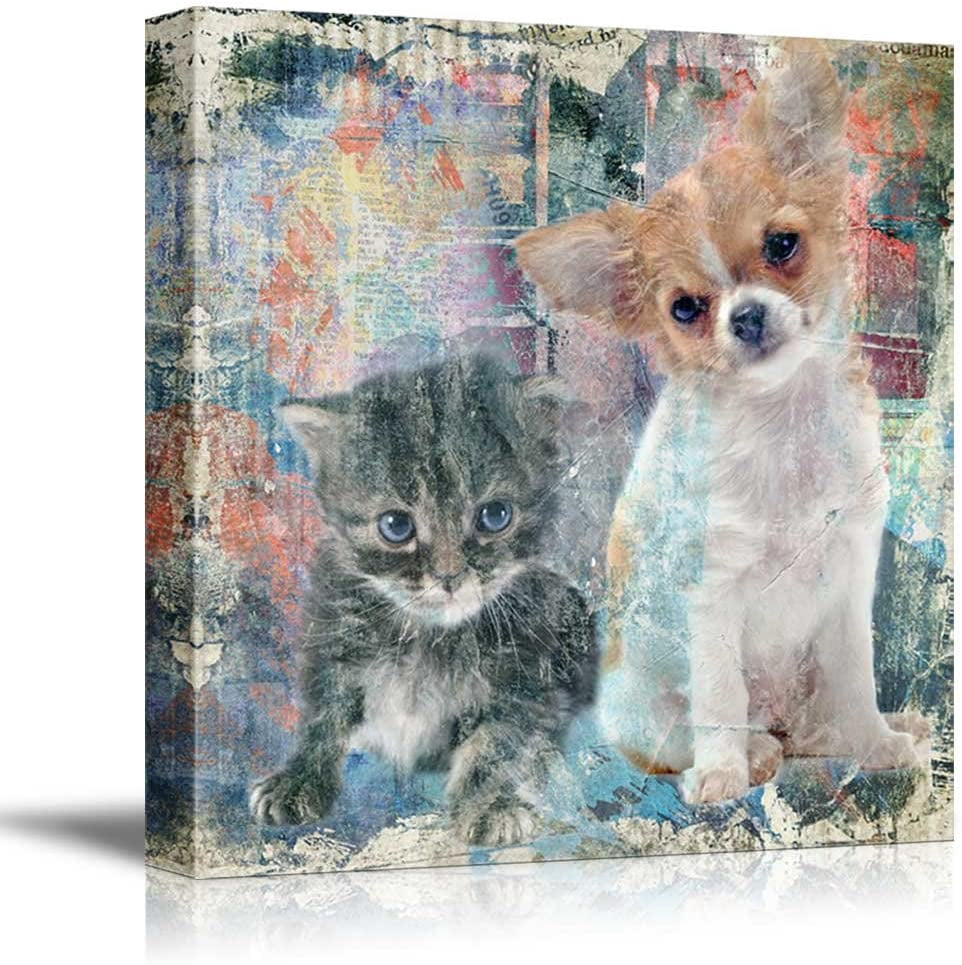 AEFER Square Cat Series Canvas Wall Art - A Kitty and a Dog on Colorful ...
