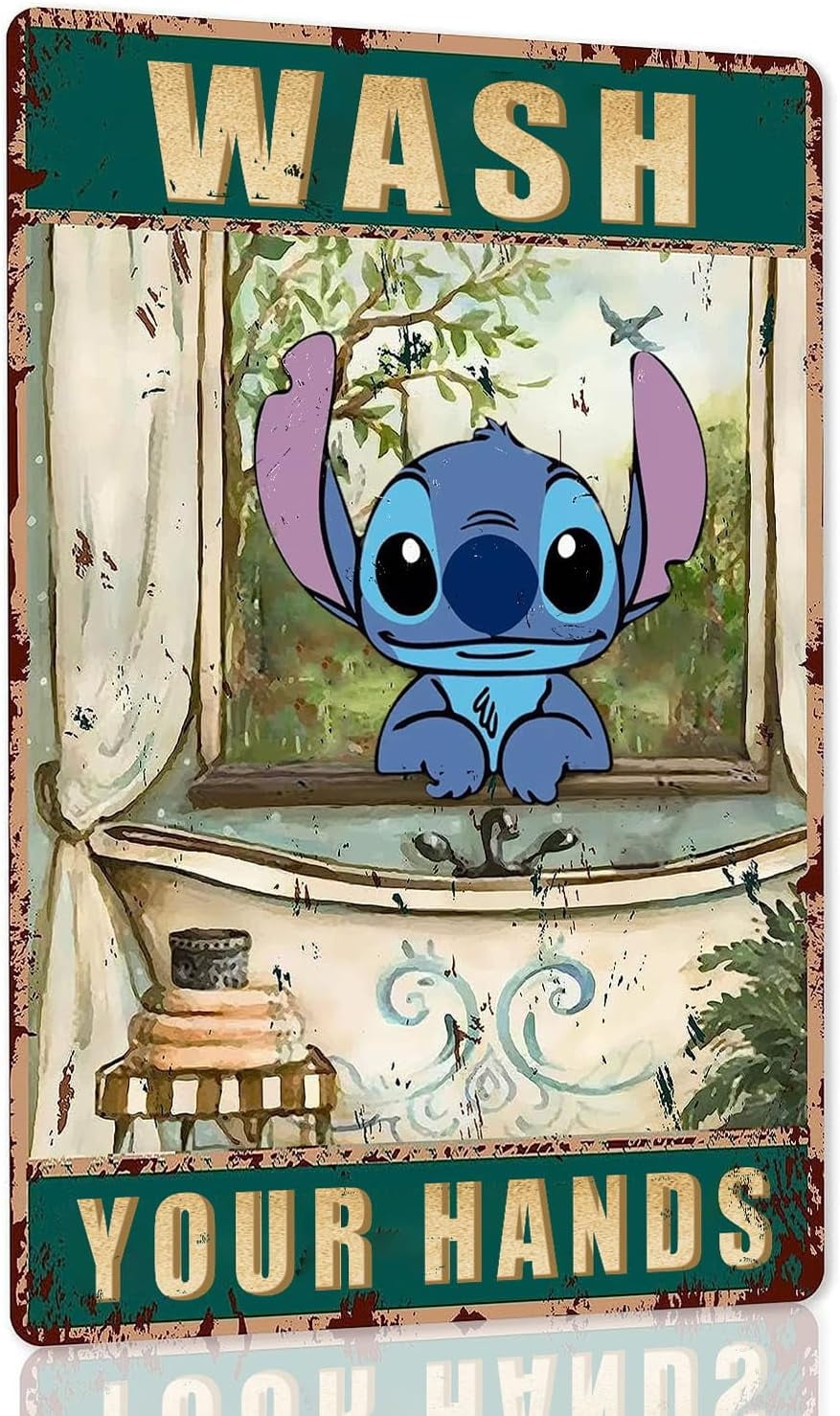 AEFER Stitch Bathroom Wall Art Decor Vintage Stitch Bathroom Poster Wash Your Hands Metal Tin ...