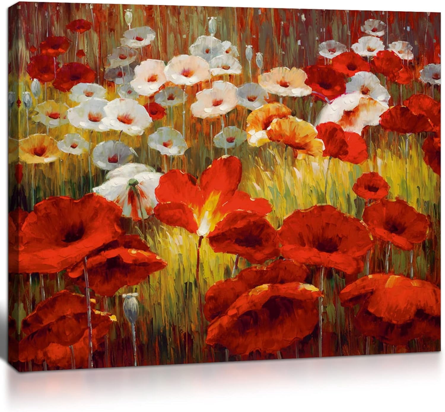 AEFER Unframed Flower Wall Art, Red and White Blooming Poppies Oil