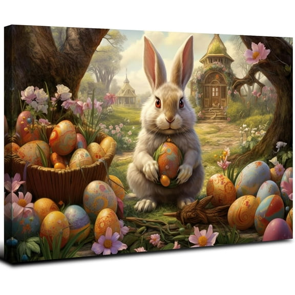 AEFER Vintage Cute Bunny Picture Easter Egg Canvas Print Fairy Garden Landscape Flowers Wall Art Unframed 32x48inch, Religious Cartoon Animals Painting Artwork for Kitchen Abstract Home Decoration
