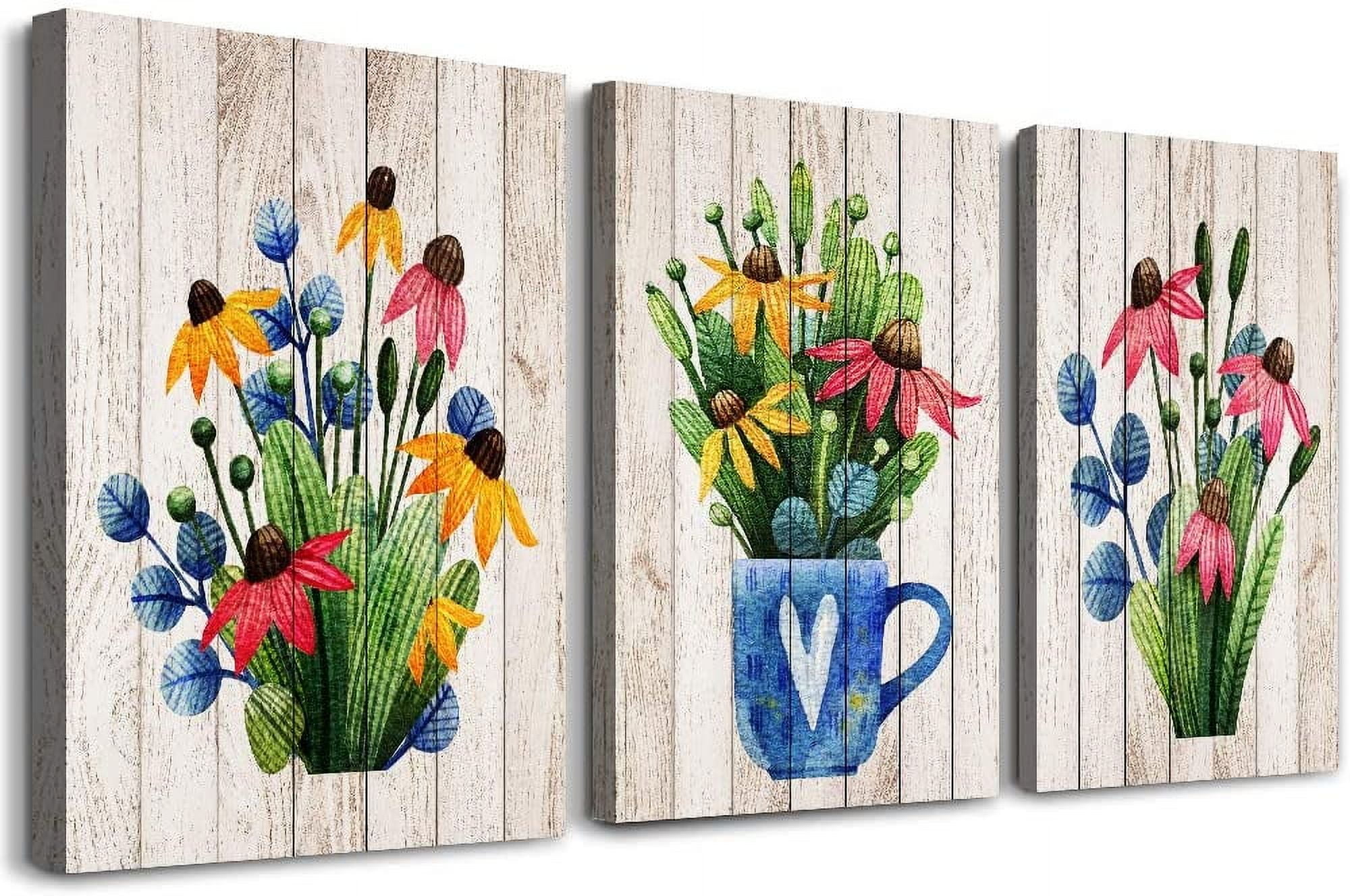 AEFER Vintage Wood grain plant flowers wall art for kitchen Wall